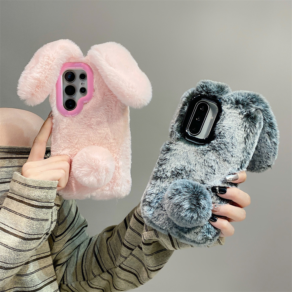 Phone Cases Galaxy S25 - 귀여운 토끼 귀 플러피 스탠드 폰