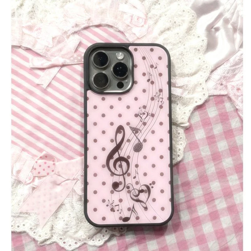 핑크 브라운 물방울 무늬 소녀 하트 음악 노트 폰 케이 - Phone Cases Y2K 리뷰 및 가격